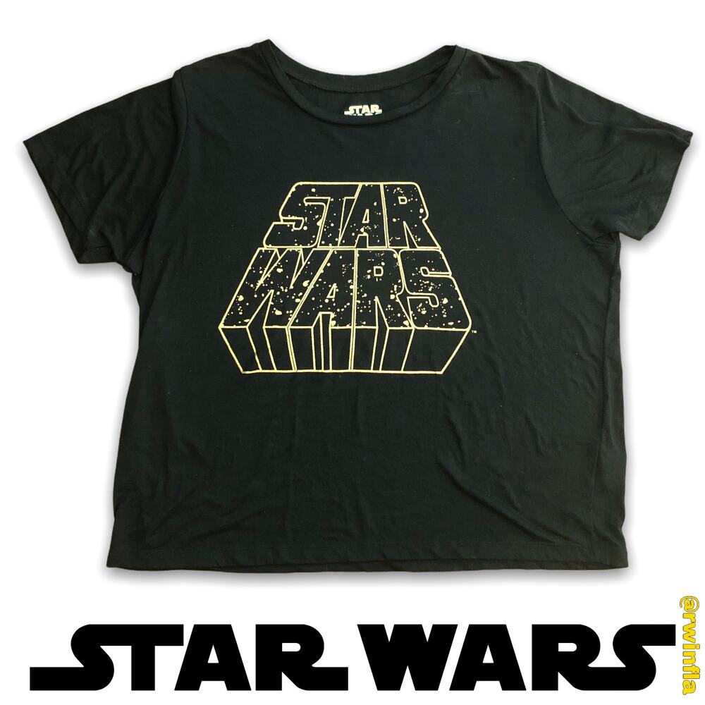Star Wars Classic Retro Logo Spell Out Space Universe Scroll Black Gold Men's XL